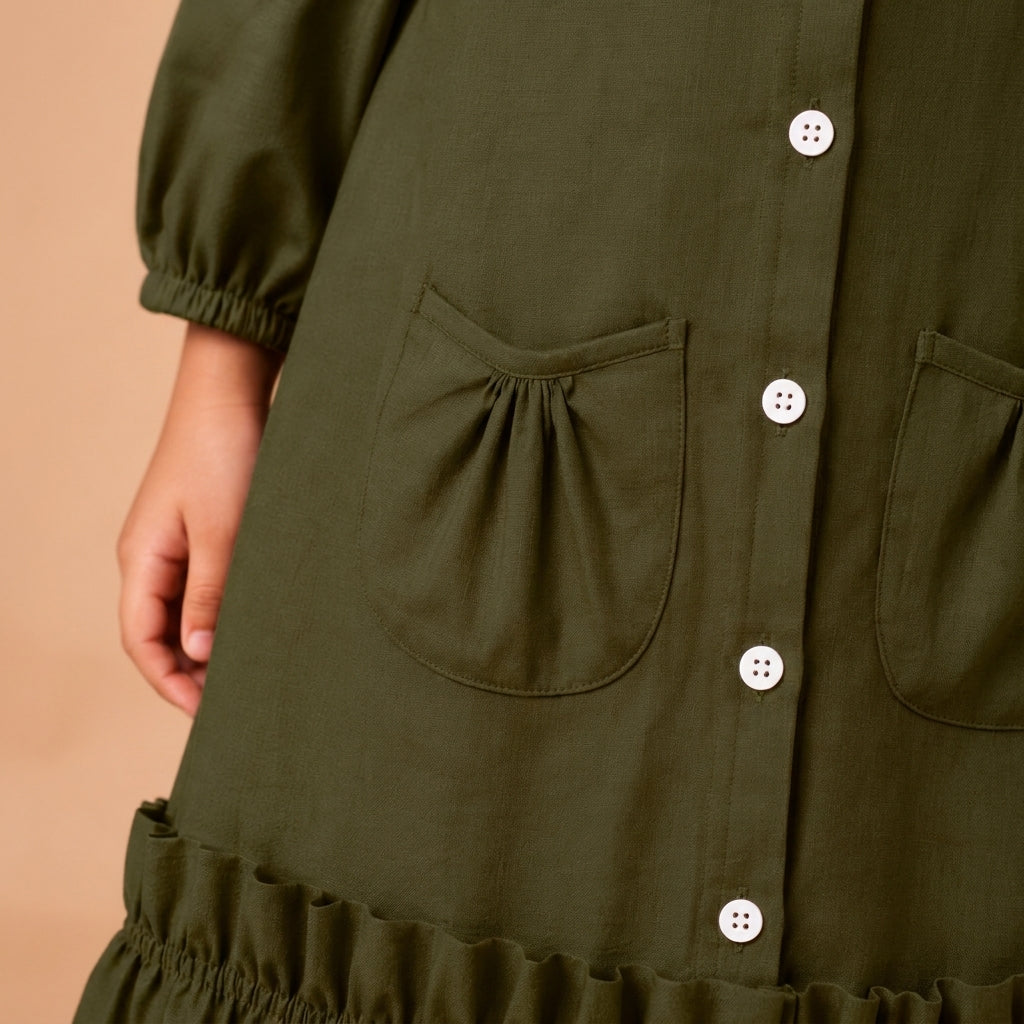 Gigi x Tyohaar | A-line Frock with Bubble Sleeve in Deep Olive Green Linen