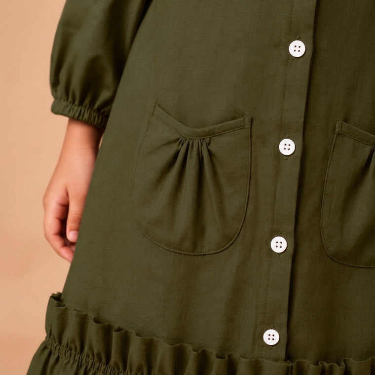 Gigi x Tyohaar | A-line Frock with Bubble Sleeve in Deep Olive Green Linen
