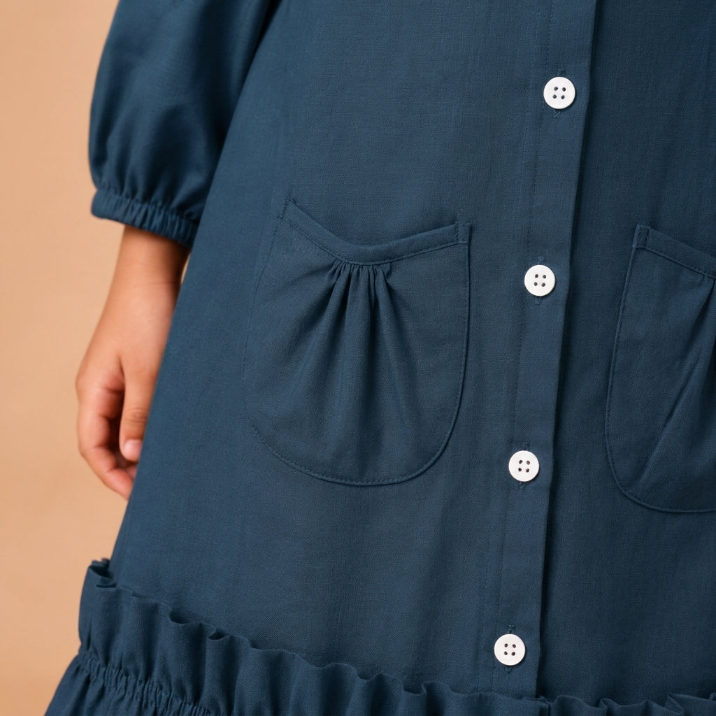 Gigi x Tyohaar | A-line Frock with Bubble Sleeve in Regal Blue Linen