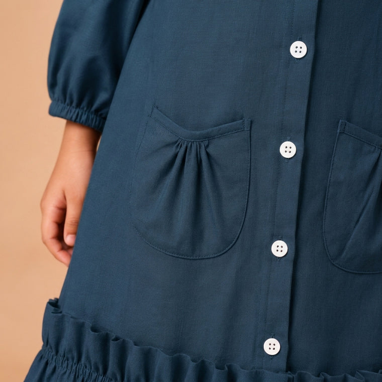 Gigi x Tyohaar | A-line Frock with Bubble Sleeve in Regal Blue Linen