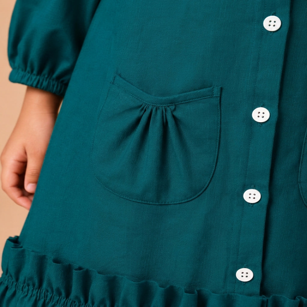 Gigi x Tyohaar | A-line Frock with Bubble Sleeve in Teal Blue Linen