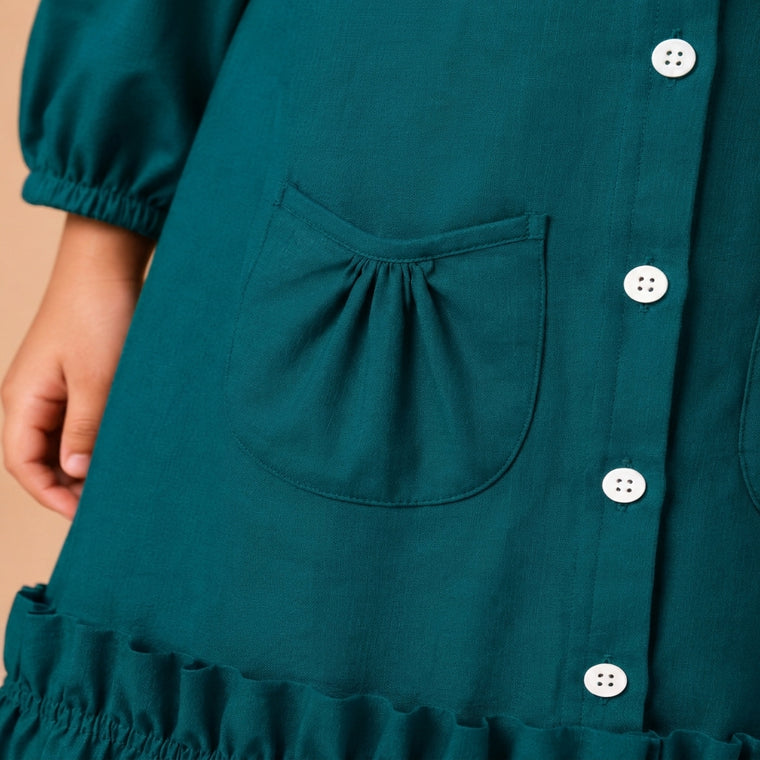 Gigi x Tyohaar | A-line Frock with Bubble Sleeve in Teal Blue Linen