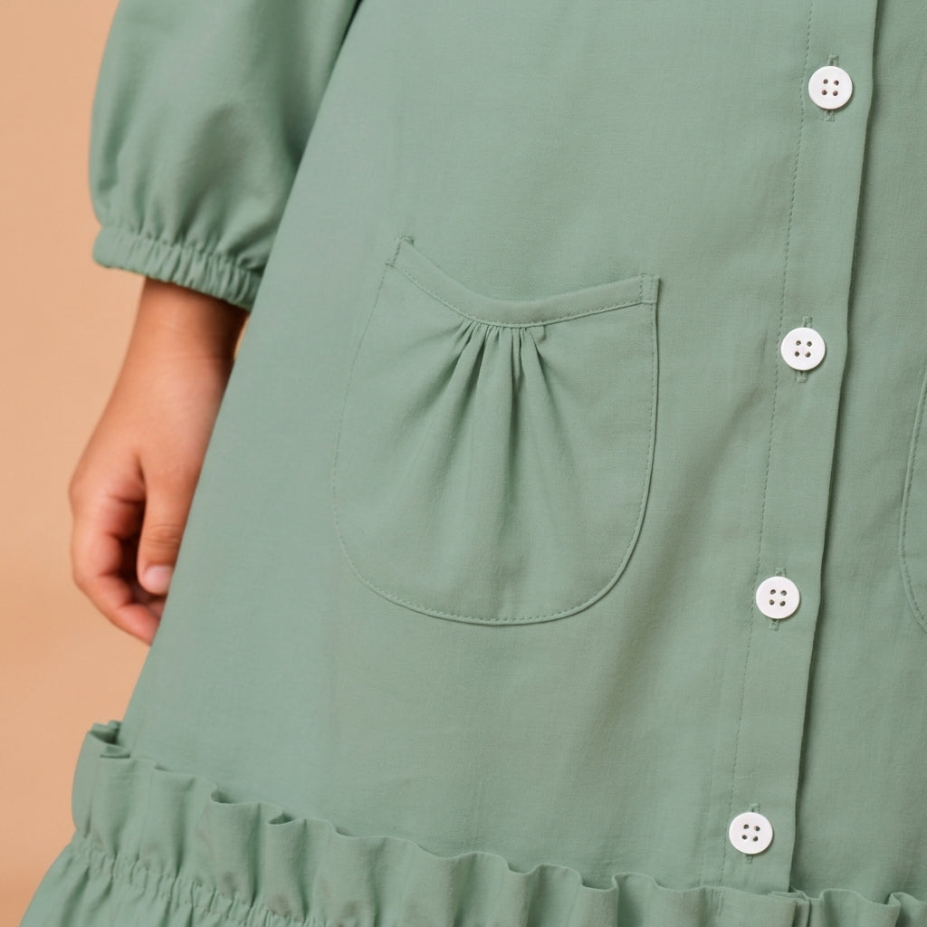 Gigi x Tyohaar | A-line Frock with Bubble Sleeve in Peppermint Green Linen
