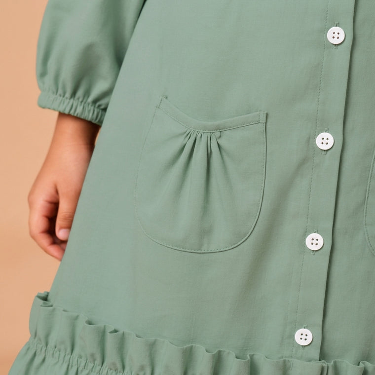 Gigi x Tyohaar | A-line Frock with Bubble Sleeve in Peppermint Green Linen