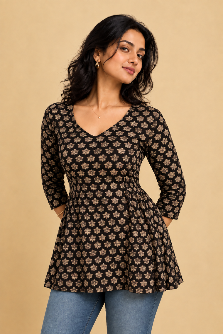 Hridya | Handblock Black Floral Cotton Cotton FlexiFit™ Short Kurti
