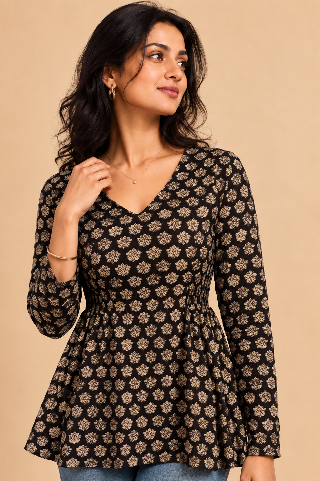 Hridya | Handblock Black Floral Cotton Cotton FlexiFit™ Short Kurti