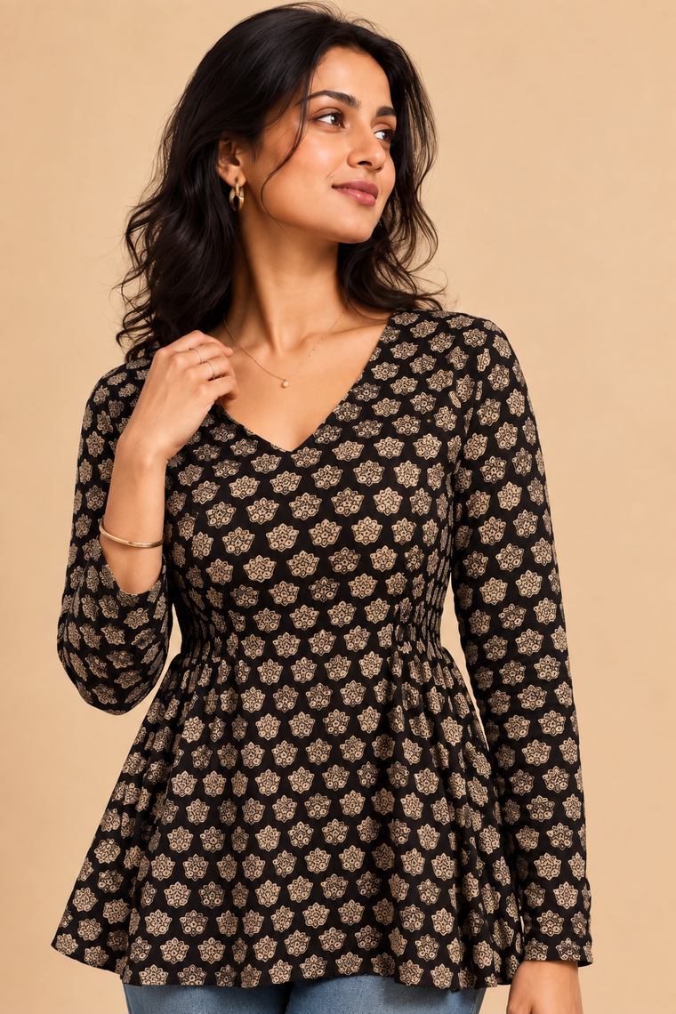 Hridya | Handblock Black Floral Cotton Cotton FlexiFit™ Short Kurti