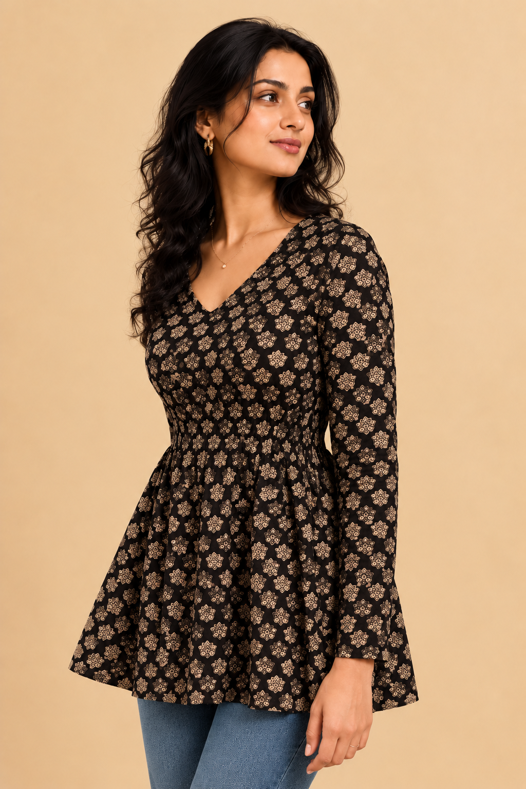 Hridya | Handblock Black Floral Cotton Cotton FlexiFit™ Short Kurti