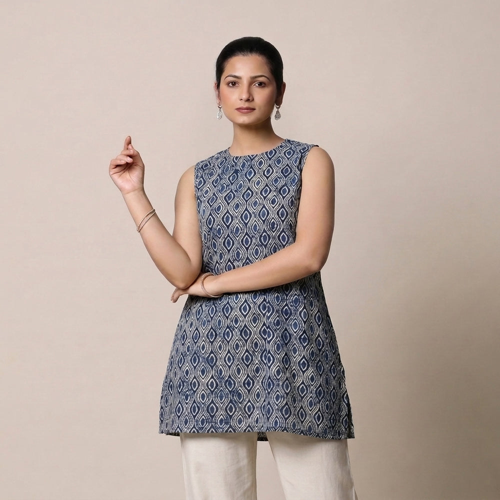 Huma | Sleeveless Blue Almond Motif Blockprinted Cotton BreezeFit™ Short Kurta