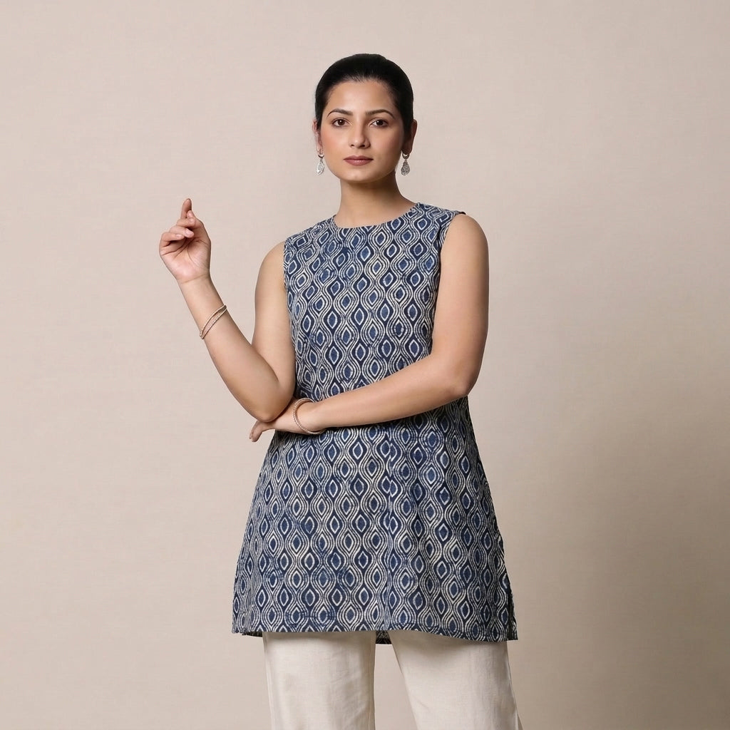 Huma | Sleeveless Blue Almond Motif Blockprinted Cotton BreezeFit™ Short Kurta