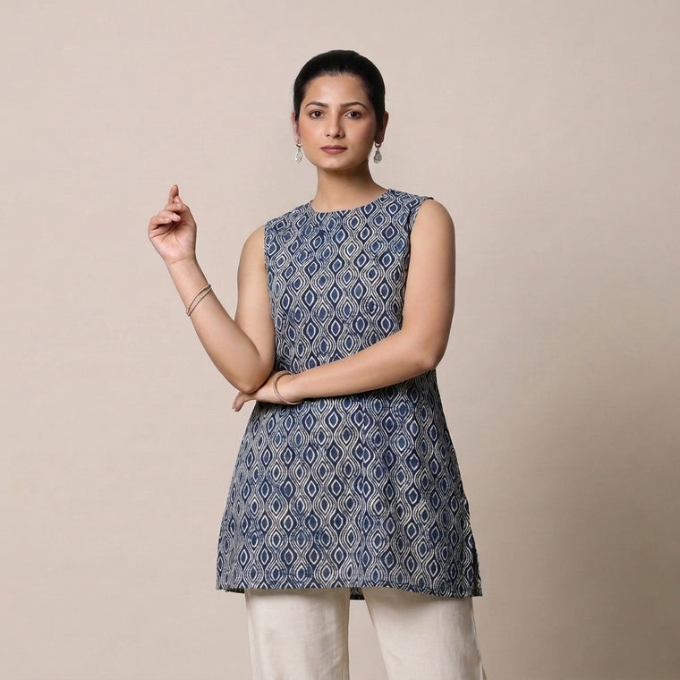 Huma | Sleeveless Blue Almond Motif Blockprinted Cotton BreezeFit™ Short Kurta
