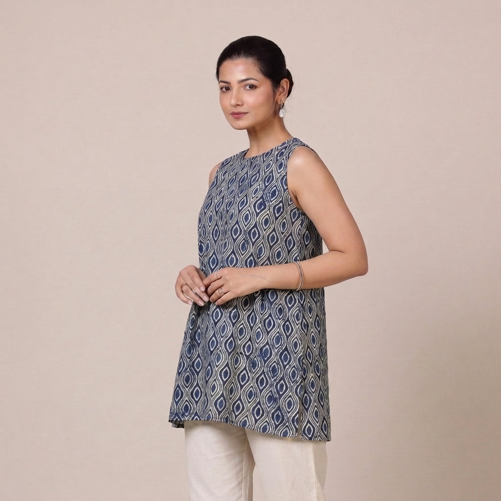 Huma | Sleeveless Blue Almond Motif Blockprinted Cotton BreezeFit™ Short Kurta