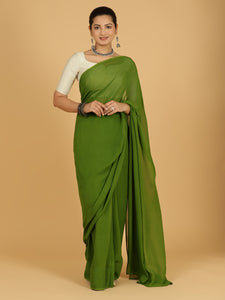 Yashika x Rozaana | Olive Green Georgette Saree - Ready-to-Wear Optional