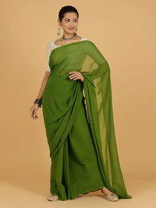 Yashika x Rozaana | Olive Green Georgette Saree - Ready-to-Wear Optional