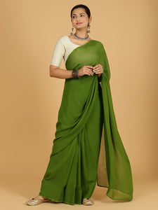 Yashika x Rozaana | Olive Green Georgette Saree - Ready-to-Wear Optional