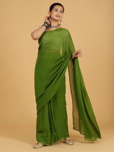 Yashika x Rozaana | Olive Green Georgette Saree - Ready-to-Wear Optional