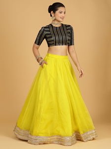 Farah x Tyohaar | Lemon Yellow Panelled Organza Lehenga Skirt