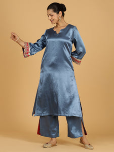 Penaaz x Tyohaar | Ice Blue Mashru Silk A-Line Kurta with Embroidered Sleeves | Coords or Only Kurta