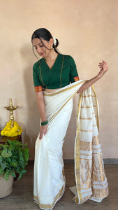 The Binks Kasavu Kit with Bottle Green Nandini Mangalgiri Blouse - Get Onam-Ready Box