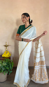 The Binks Kasavu Kit with Bottle Green Nandini Mangalgiri Blouse - Get Onam-Ready Box