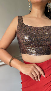 Sheela x Tyohaar | Sleeveless Black & Gold Sequined Shimmer Saree Blouse with Round Neck