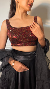 Sheela x Tyohaar | Sleeveless Black & Red Sequined Shimmer Saree Blouse with Round Neck