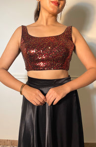 Sheela x Tyohaar | Sleeveless Black & Red Sequined Shimmer Saree Blouse with Round Neck