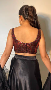 Sheela x Tyohaar | Sleeveless Black & Red Sequined Shimmer Saree Blouse with Round Neck