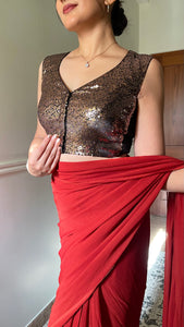 Aadhya x Tyohaar | Sleeveless Gold Sequined Saree Blouse with Curved V-Neck