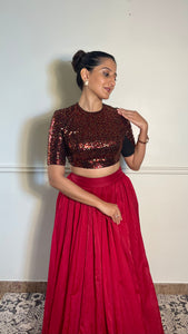 Surina x Tyohaar | Elbow Sleeves Red Sequined Shimmer Saree Blouse with Jewel Neck