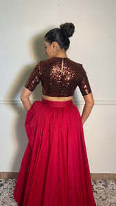 Surina x Tyohaar | Elbow Sleeves Red Sequined Shimmer Saree Blouse with Jewel Neck