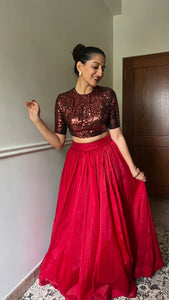 Surina x Tyohaar | Elbow Sleeves Red Sequined Shimmer Saree Blouse with Jewel Neck