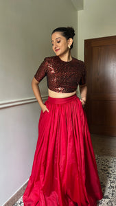 Surina x Tyohaar | Elbow Sleeves Red Sequined Shimmer Saree Blouse with Jewel Neck