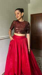 Surina x Tyohaar | Elbow Sleeves Red Sequined Shimmer Saree Blouse with Jewel Neck