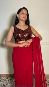 Jhanvi x Tyohaar | Sleeveless Red Sequined Saree Blouse with Sweetheart Neck