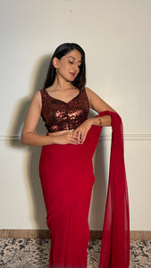 Jhanvi x Tyohaar | Sleeveless Red Sequined Saree Blouse with Sweetheart Neck