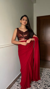 Jhanvi x Tyohaar | Sleeveless Red Sequined Saree Blouse with Sweetheart Neck