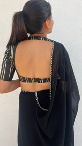 Shaheen x Tyohaar | Charcoal Black Elbow Sleeves FlexiFit™ Saree Blouse with Zero Neck with Back Cut-Out and Golden Gota Embellishment