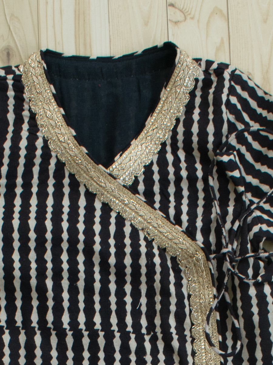 Inaya x Tyohaar | Angrakha-Sharara Set in Earthy Black Stripes Block Print Cotton