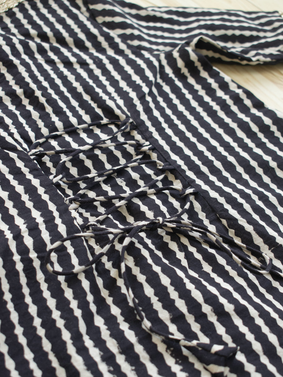 Inaya x Tyohaar | Angrakha-Sharara Set in Earthy Black Stripes Block Print Cotton