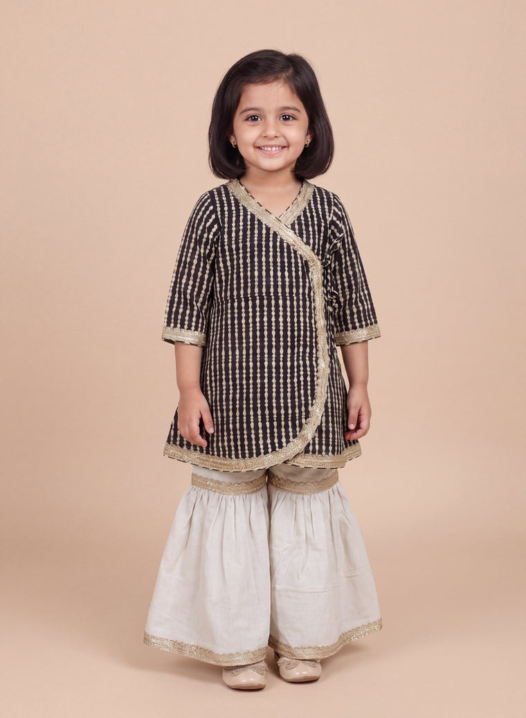 Inaya x Tyohaar | Angrakha-Sharara Set in Earthy Black Stripes Block Print Cotton
