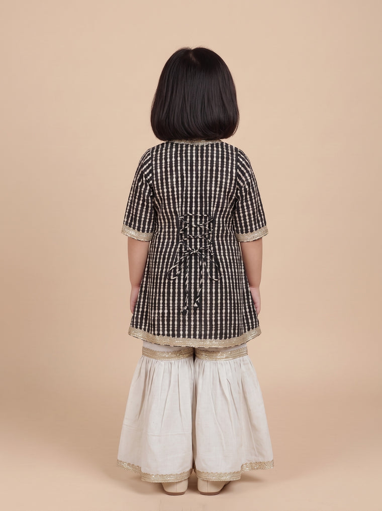 Inaya x Tyohaar | Angrakha-Sharara Set in Earthy Black Stripes Block Print Cotton