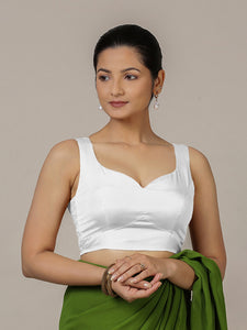Ishika x Rozaana | Pearl White Sleeveless FlexiFit™ Saree Blouse with Beetle Leaf Neckline and Back Cut-out with Tie-Up
