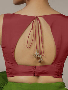 Ishika x Rozaana | Auburn Red Sleeveless FlexiFit™ Saree Blouse with Beetle Leaf Neckline and Back Cut-out with Tie-Up
