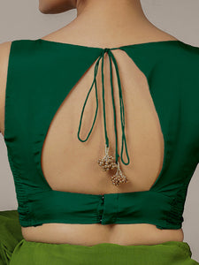 Ishika x Rozaana | Bottle Green Sleeveless FlexiFit™ Saree Blouse with Beetle Leaf Neckline and Back Cut-out with Tie-Up