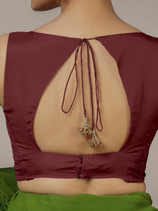 Ishika x Rozaana | Burgundy Sleeveless FlexiFit™ Saree Blouse with Beetle Leaf Neckline and Back Cut-out with Tie-Up