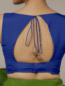 Ishika x Rozaana | Cobalt Blue Sleeveless FlexiFit™ Saree Blouse with Beetle Leaf Neckline and Back Cut-out with Tie-Up