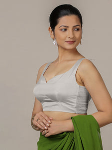 Ishika x Rozaana | Silver Sleeveless FlexiFit™ Saree Blouse with Beetle Leaf Neckline and Back Cut-out with Tie-Up