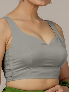 Ishika x Rozaana | Grey Sleeveless FlexiFit™ Saree Blouse with Beetle Leaf Neckline and Back Cut-out with Tie-Up