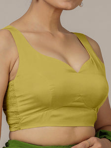 Ishika x Rozaana | Lemon Yellow Sleeveless FlexiFit™ Saree Blouse with Beetle Leaf Neckline and Back Cut-out with Tie-Up